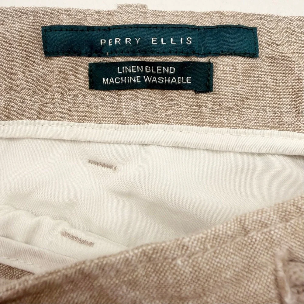 Perry Ellis Linen Blend Pants Mens 32x32 Beige Drawstring Casual Trousers